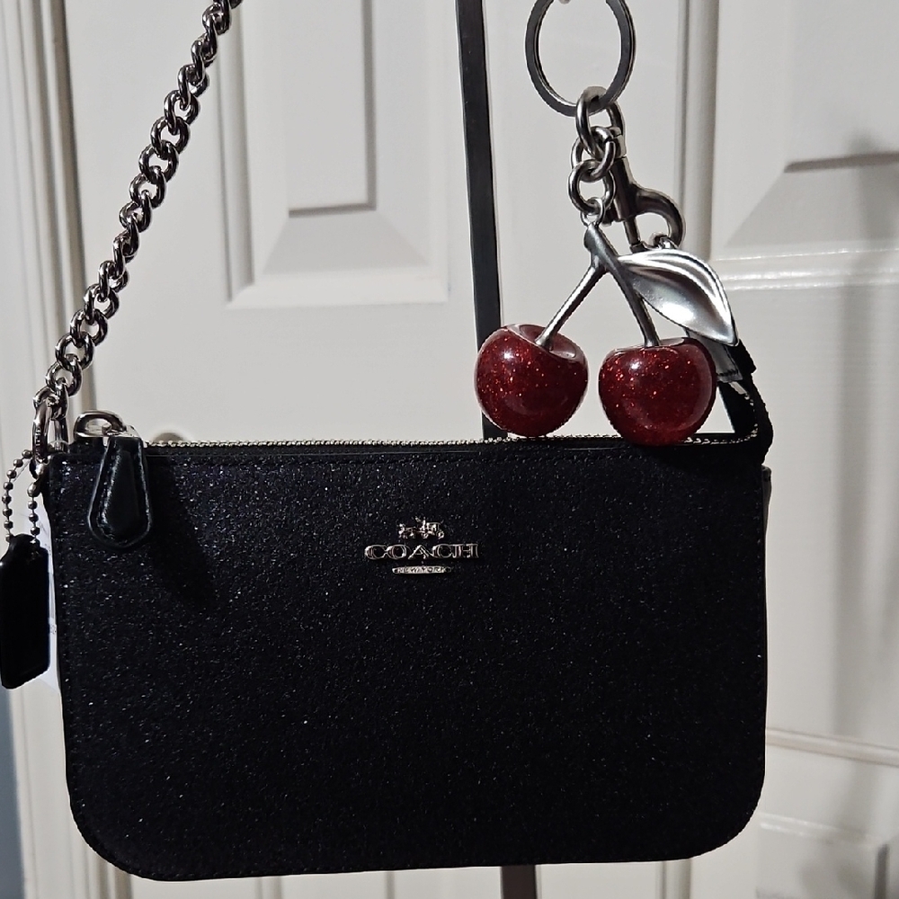 Coach NWT Nolita 19 Glittery Black Mini Bag with Unbranded Red Cherry Charm - Picture 2 of 8
